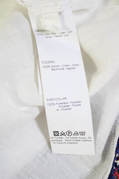 120% Lino Womens Embroidered V-Neck Drawstring Sleeve Tunic Dress White Size S