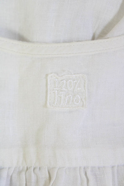 120% Lino Womens Embroidered V-Neck Drawstring Sleeve Tunic Dress White Size S