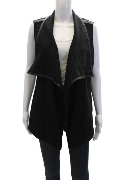 Vince Womens Leather Trim Detail Sleeveless Pocketed Vest Solid Black Size L