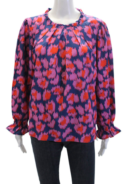 Michelle McDowell Womens Ikat Print Blouse Navy Blue Pink Size Medium