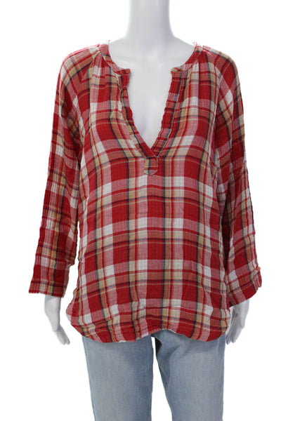 CP Shades Womens Cotton Plaid Print Y-Neck Long Sleeve Blouse Red Size XS