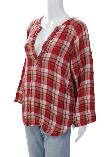 CP Shades Womens Cotton Plaid Print Y-Neck Long Sleeve Blouse Red Size XS