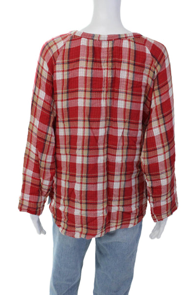 CP Shades Womens Cotton Plaid Print Y-Neck Long Sleeve Blouse Red Size XS
