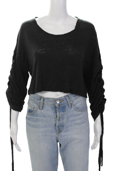 IRO Jeans Womens Linen Long Tie Up Sleeves Crop Top Shirt Black Size XS