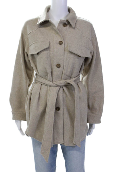Zara Womens Button Up Collar Long Sleeve Tie Waist Jacket Beige Size XS