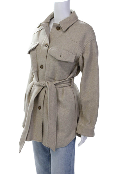 Zara Womens Button Up Collar Long Sleeve Tie Waist Jacket Beige Size XS