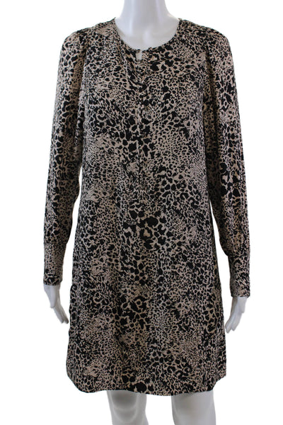 Rebecca Taylor Womens Long Sleeve Crew Neck Silk Cheetah Dress Brown Black 0