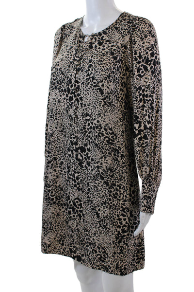 Rebecca Taylor Womens Long Sleeve Crew Neck Silk Cheetah Dress Brown Black 0