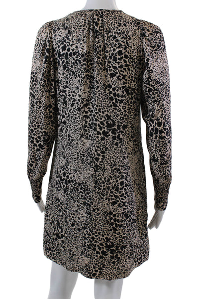 Rebecca Taylor Womens Long Sleeve Crew Neck Silk Cheetah Dress Brown Black 0