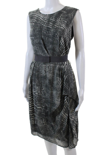 Lida Baday Womens Back Zip Sleeveless Belted Printed Silk Dress Gray Size 10