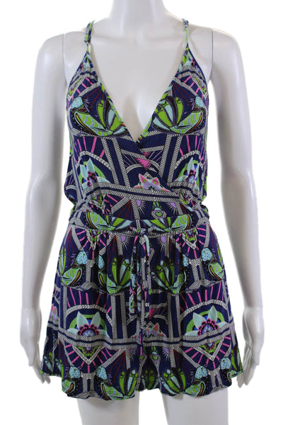 Mara Hoffman Womens Spaghetti Strap Scoop Neck Abstract Romper Blue Multi XS
