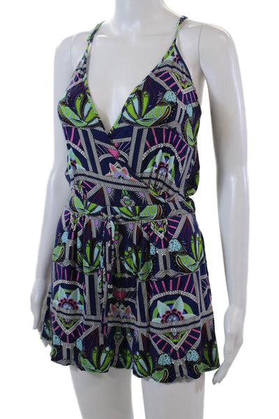 Mara Hoffman Womens Spaghetti Strap Scoop Neck Abstract Romper Blue Multi XS