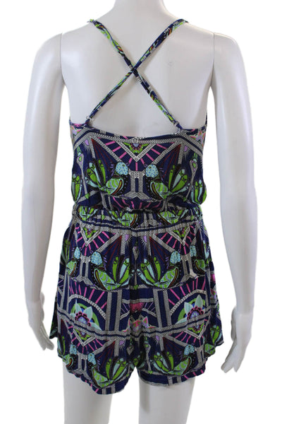 Mara Hoffman Womens Spaghetti Strap Scoop Neck Abstract Romper Blue Multi XS