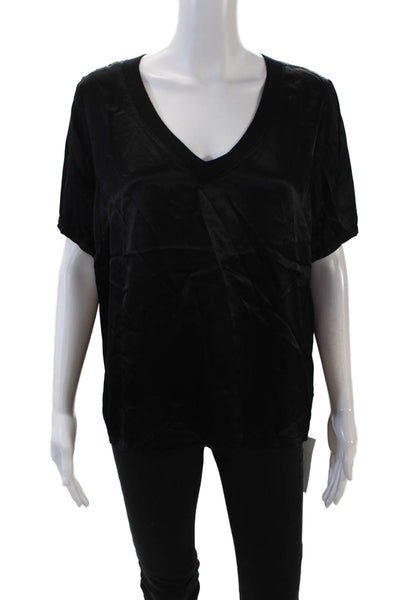 Michael Stars Womens Satin V-Neck Short Sleeve Pullover Blouse Top Black Size M