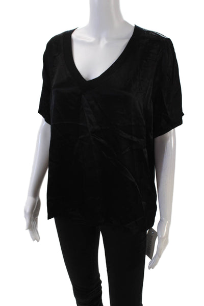 Michael Stars Womens Satin V-Neck Short Sleeve Pullover Blouse Top Black Size M