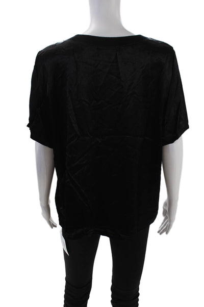 Michael Stars Womens Satin V-Neck Short Sleeve Pullover Blouse Top Black Size M