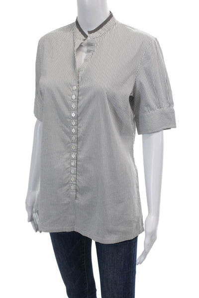 Les Copains Womens Cotton 3/4 Buttoned Short Sleeve Striped Top Gray Size 46