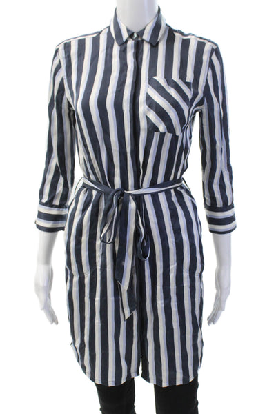 ATM Womens Silk Long Sleeve Button Up Tie Front Stripe Blouse Blue Size XS