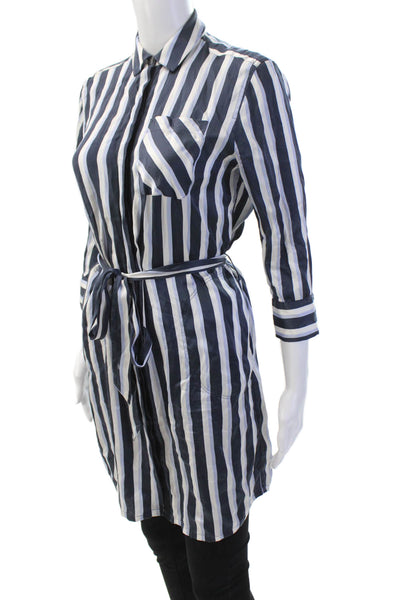 ATM Womens Silk Long Sleeve Button Up Tie Front Stripe Blouse Blue Size XS