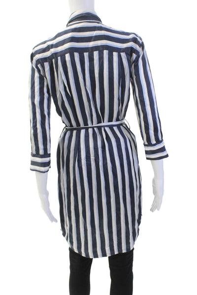 ATM Womens Silk Long Sleeve Button Up Tie Front Stripe Blouse Blue Size XS