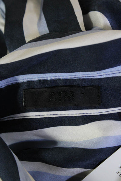 ATM Womens Silk Long Sleeve Button Up Tie Front Stripe Blouse Blue Size XS