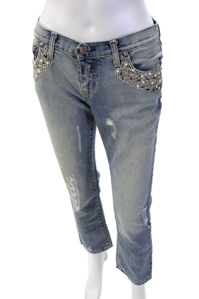 Les Femmes Womens Cotton Embellished Distressed Denim Pants Blue Size XS