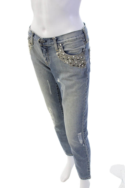 Les Femmes Womens Cotton Embellished Distressed Denim Pants Blue Size XS