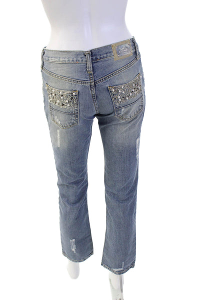 Les Femmes Womens Cotton Embellished Distressed Denim Pants Blue Size XS