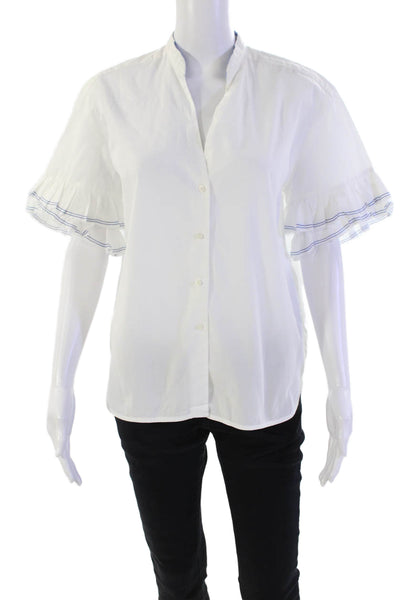 Sandro Womens Cotton Button Down Ruffle Trim Shirt Sleeve Blouse White Size 2