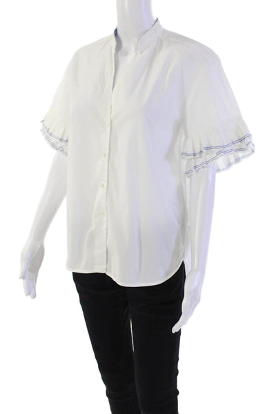 Sandro Womens Cotton Button Down Ruffle Trim Shirt Sleeve Blouse White Size 2