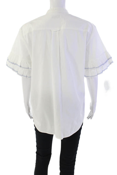 Sandro Womens Cotton Button Down Ruffle Trim Shirt Sleeve Blouse White Size 2