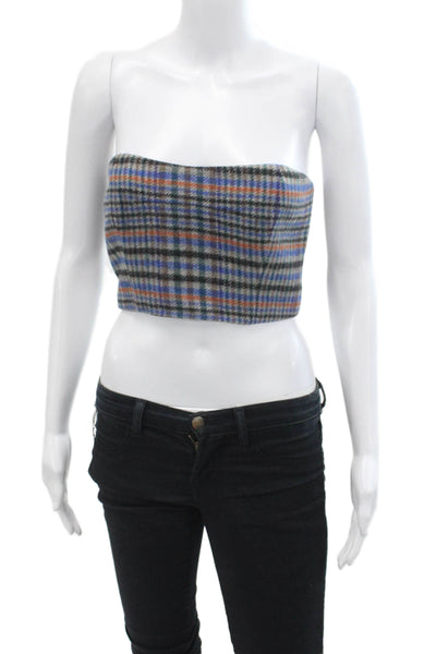 Cara Cara Womens Back Zip Strapless Plaid Crop Top Blue Black Gray Size Small