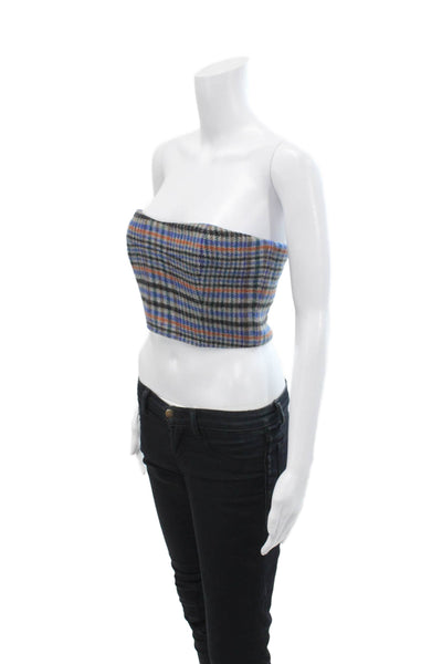 Cara Cara Womens Back Zip Strapless Plaid Crop Top Blue Black Gray Size Small