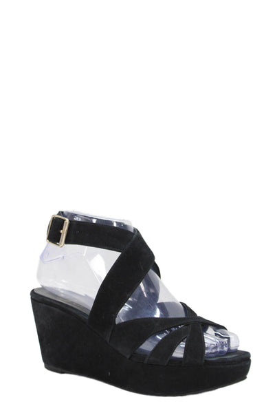 Delman Womens Wedge Heel Platform Strappy Sandals Black Suede Size 7