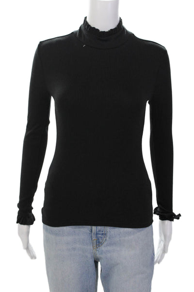 J Crew Womens Cotton Mock Neck Long Sleeve Ribbed Knit Top Black Size XS