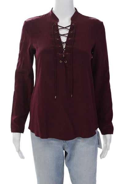 Amanda Uprichard Womens Silk Lace Up Long Sleeve Blouse Top Burgundy Size P