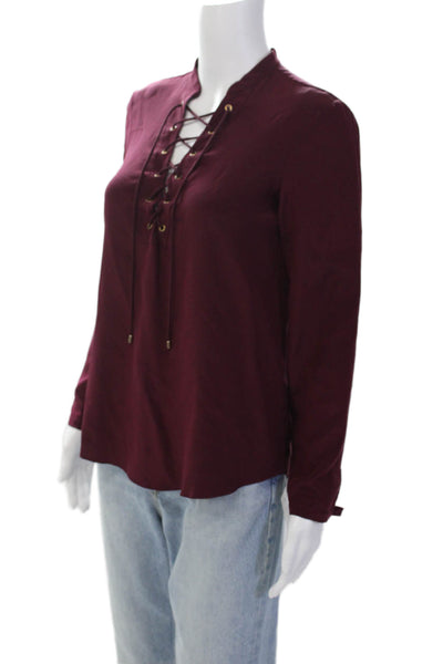 Amanda Uprichard Womens Silk Lace Up Long Sleeve Blouse Top Burgundy Size P