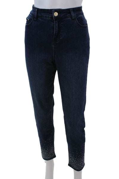 Renuar Womens Jeweled High Rise Indigo Wash Slim Leg Jeans Blue Cotton Size 4