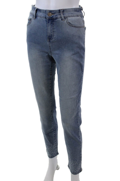 Renuar Womens Jeweled High Rise Skinny Leg Light Wash Jeans Blue Cotton Size 0