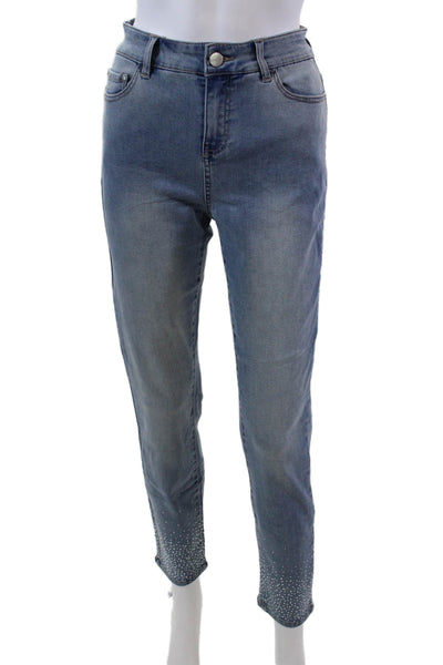 Renuar Womens Jeweled High Rise Light Wash Skinny Leg Jeans Blue Cotton Size 6
