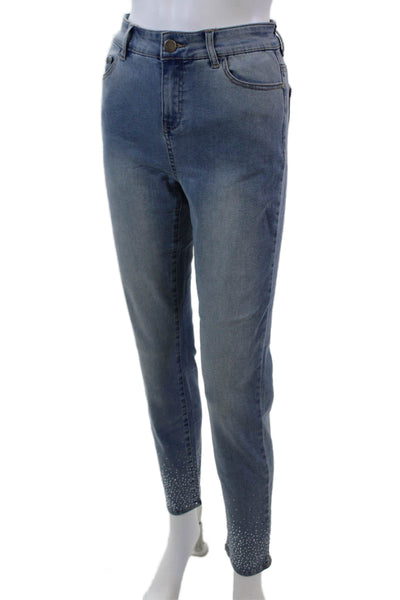 Renuar Womens Jeweled High Rise Light Wash Skinny Leg Jeans Blue Cotton Size 6