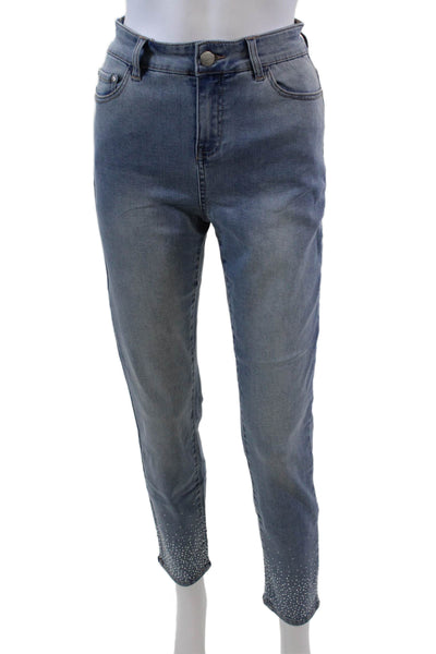 Renuar Womens Jeweled High Rise Light Wash Skinny Leg Jeans Blue Cotton Size 8