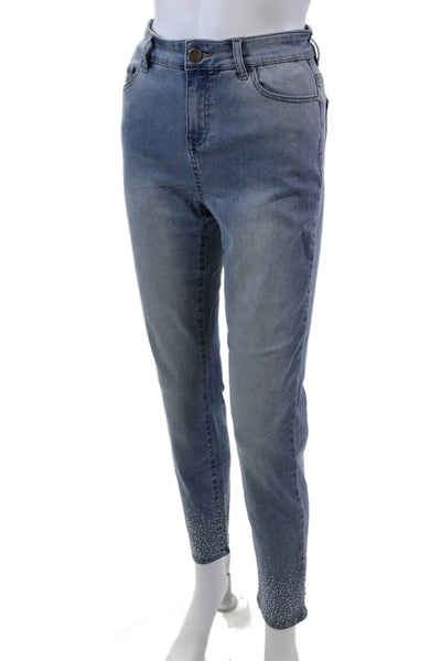 Renuar Womens Jeweled High Rise Light Wash Skinny Leg Jeans Blue Cotton Size 8