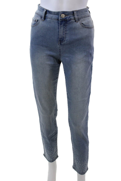 Renuar Womens Jeweled High Rise Light Wash Skinny Leg Jeans Blue Cotton Size 10