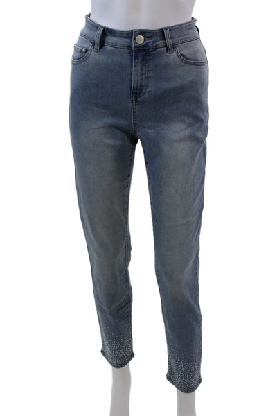 Renuar Womens Jeweled High Rise Light Wash Skinny Leg Jeans Blue Cotton Size 12