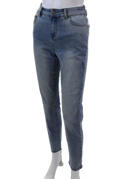Renuar Womens Jeweled High Rise Light Wash Skinny Leg Jeans Blue Cotton Size 12