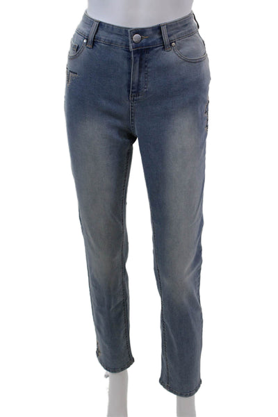Renuar Womens Beaded Stars Print High Rise Skinny Leg Jeans Blue Size 2