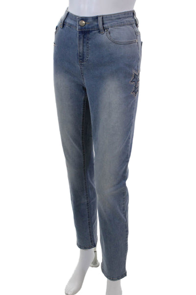 Renuar Womens Beaded Stars Print High Rise Skinny Leg Jeans Blue Size 2