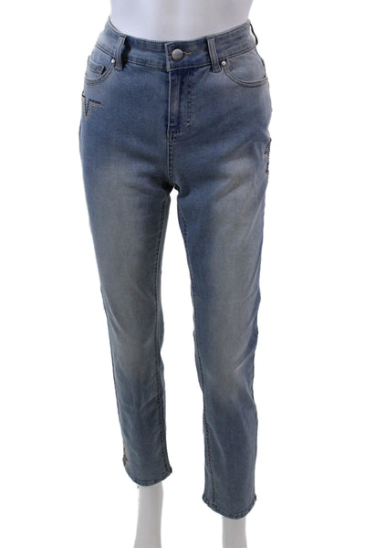 Renuar Womens Beaded Stars Print High Rise Skinny Leg Jeans Blue Cotton Size 4