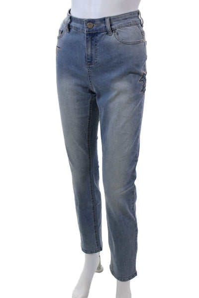 Renuar Womens Beaded Stars Print High Rise Skinny Leg Jeans Blue Cotton Size 4